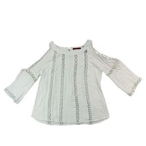 BKE Red Boho Cold Shoulder Lace Inset Blouse White Womens XS 3/4 Sleeve Fairy